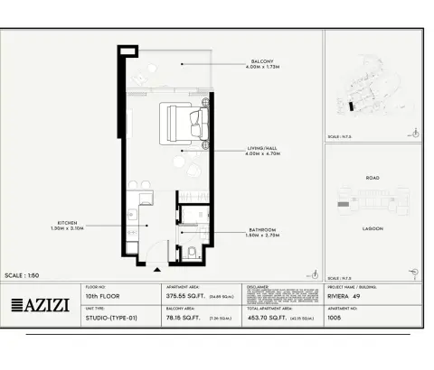 Azizi Riviera 49: Floor plan Type 01, 453 sq ft