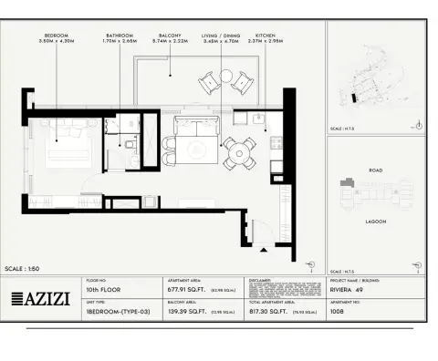Azizi Riviera 49: Floor plan Type 03, 817 sq ft