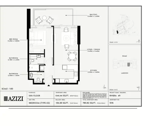 Azizi Riviera 49: Floor plan Type 02, 780 sq ft