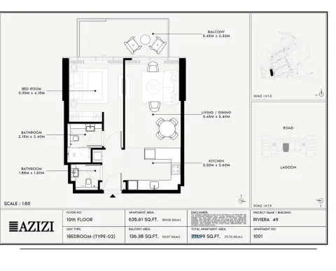 Azizi Riviera 49: Floor plan Type 02, 771 sq ft
