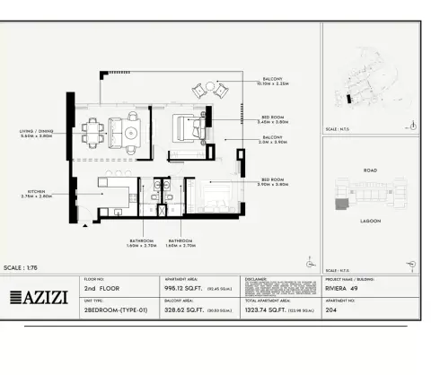 Azizi Riviera 49: Floor plan Type 01, 1,323 sq ft