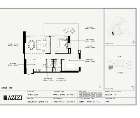 Azizi Riviera 49: Floor plan Type 01, 1,280 sq ft