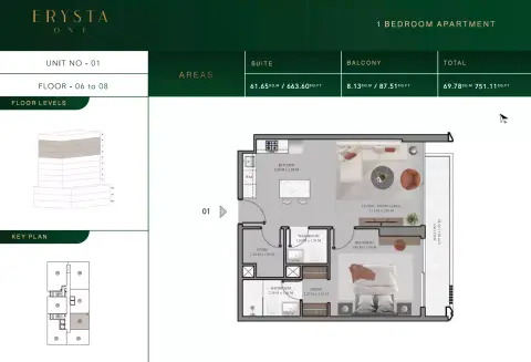 Arista one: Floor plan Type 01 - F 06-08, 751 sq ft