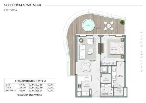 Mayfair Nexus: Plattegrond Type A, 925 sq ft