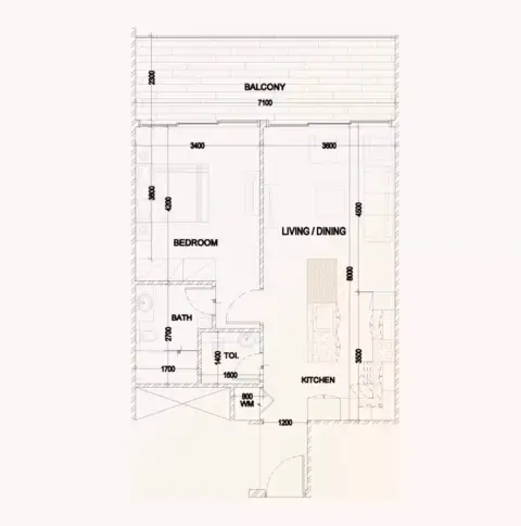 بلينغ أفينيو: مخطط الطابق Type A, 645 sq ft