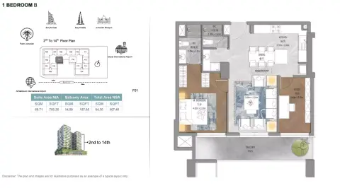 Forest City Tower: Floor plan Type B, 907 sq ft