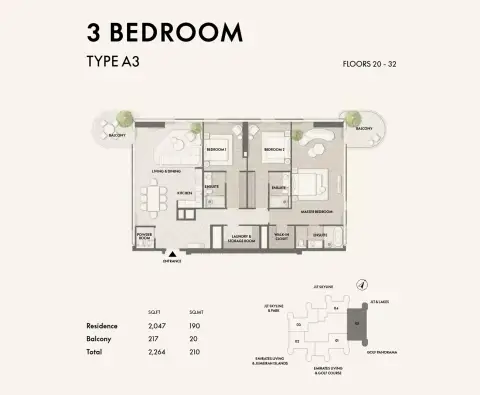 W Residences at JLT: फ़्लोर प्लान Type A3, 2,264 sq ft