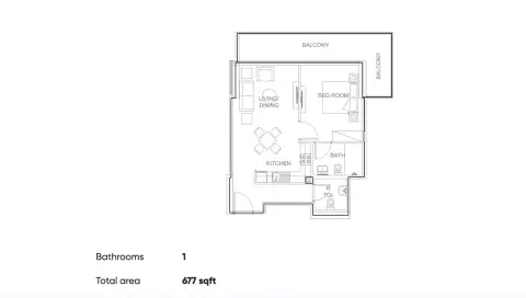 AUM Residence: Floor plan Type A, 677 sq ft