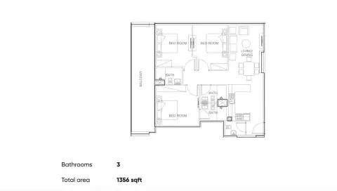 AUM Residence: Floor plan Type A, 1,356 sq ft