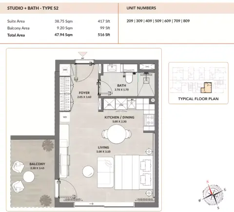 Enso Amber: Floor plan S2, 516 sq ft