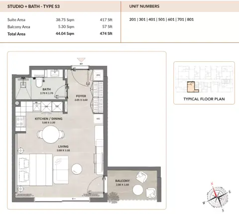 Enso Amber: Floor plan S3, 474 sq ft