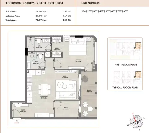 Enso Amber: Floor plan BS1, 848 sq ft