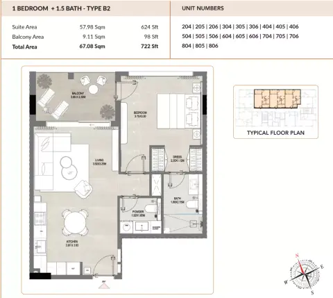 Enso Amber: Floor plan B2, 722 sq ft