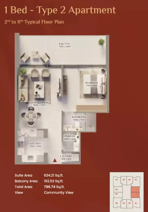 Bliss Tower: Floor plan Type 2, 796 sq ft