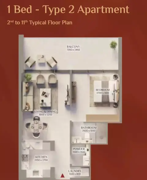 Bliss Tower: Floor plan Type 2, 807 sq ft