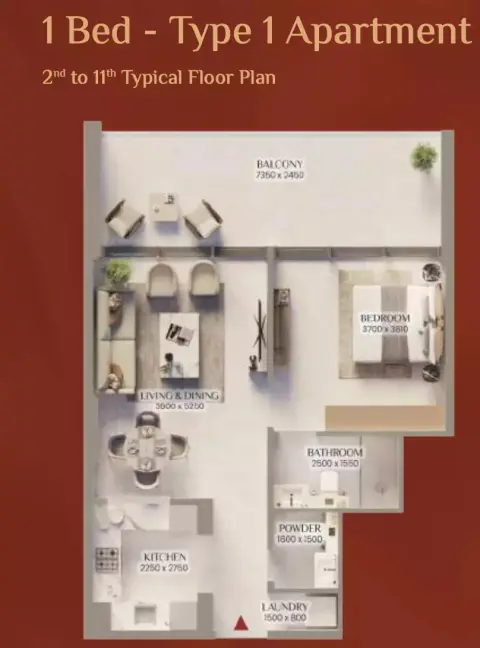 Bliss Tower: Floor plan Type 1, 818 sq ft