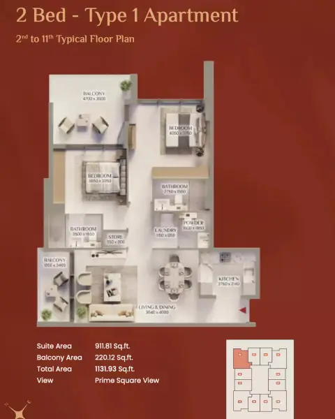Bliss Tower: Floor plan Type 1, 1,131 sq ft