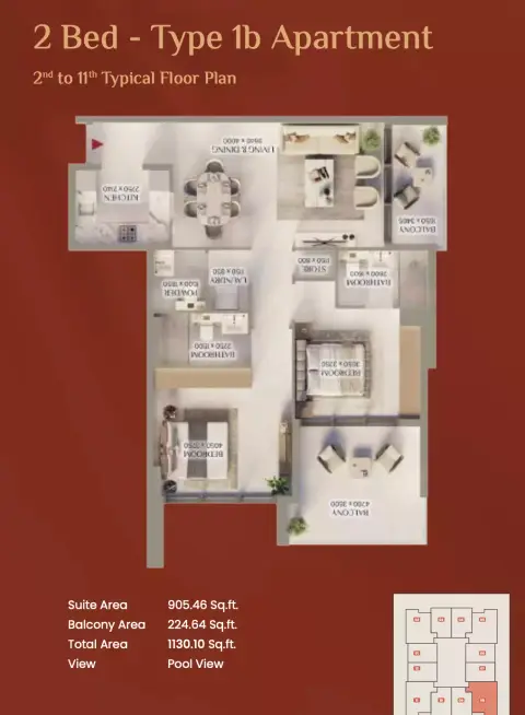 Bliss Tower: Floor plan Type 1b, 1,130 sq ft