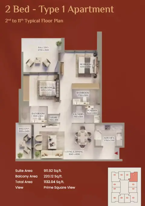 Bliss Tower: Floor plan Type 1, 1,132 sq ft