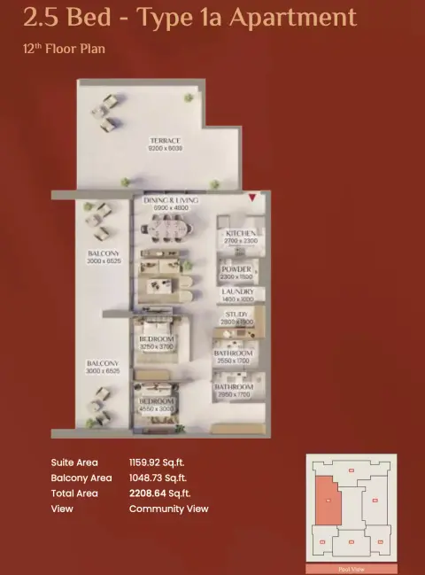 Bliss Tower: Floor plan Type 1a, 2,208 sq ft