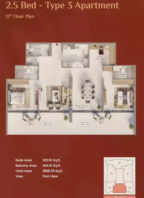 Bliss Tower: Floor plan Type 3, 1,655 sq ft