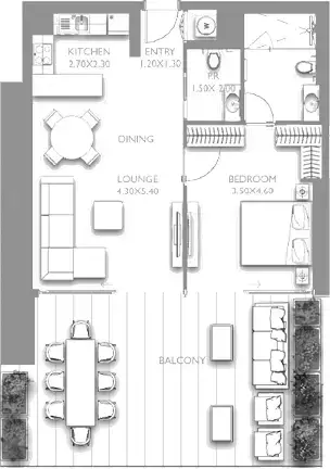 Fairmont Residences Solara Tower: Type B, 1,174 sq ft 户型图