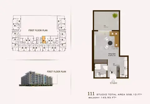 Sports View Residence: Floor plan Type A, 558 sq ft