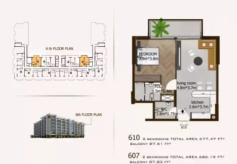 Sports View Residence: Floor plan Type H, 677 sq ft