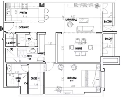 La Residence: Floor plan Type 3, 1,231 sq ft