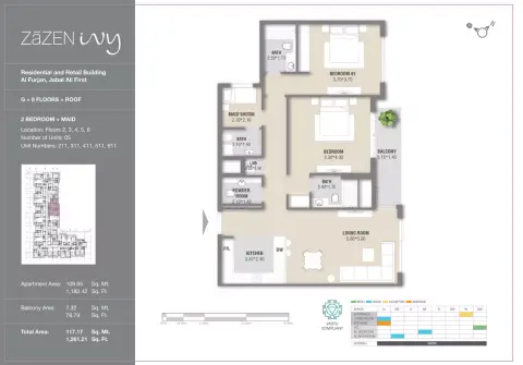 Zazen Ivy: Type M, 1,261 sq ft 户型图