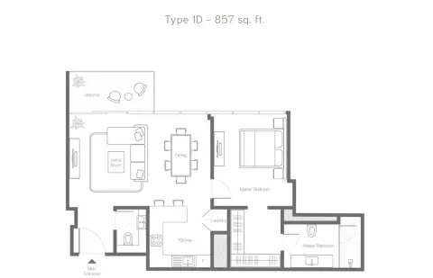 Banyan Tree Residences Aurelia: Floor plan Type 1D, 857 sq ft