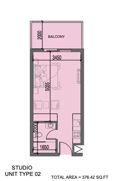 Al Haseen Residence Phase 3: Plattegrond Type 02, 376 sq ft
