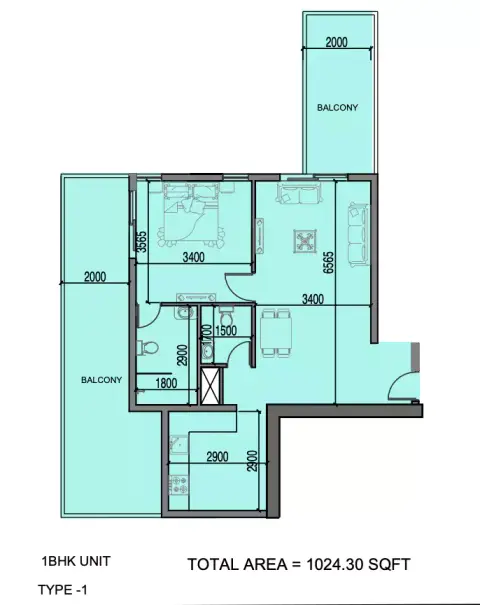Al Haseen Residence Phase 3: Plattegrond Type -1, 1,024 sq ft