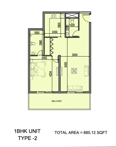 Al Haseen Residence Phase 3: Plattegrond Type -2, 885 sq ft