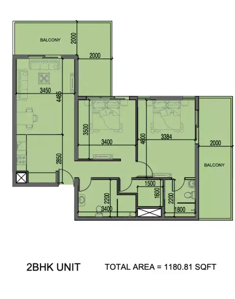 Al Haseen Residence Phase 3: Plattegrond Type A, 1,181 sq ft