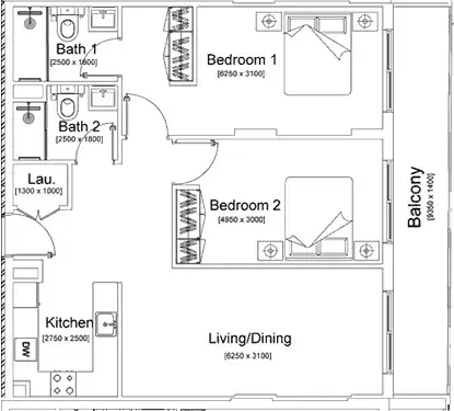 Trafford Residence: Floor plan Type B, 1,082 sq ft