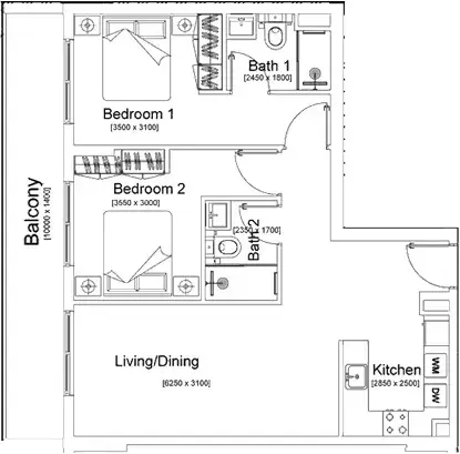 Trafford Residence: Floor plan Type A, 985 sq ft