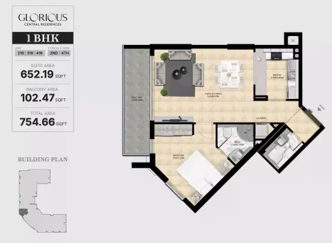 Glorious Central Residences: फ़्लोर प्लान Type A, 754 sq ft