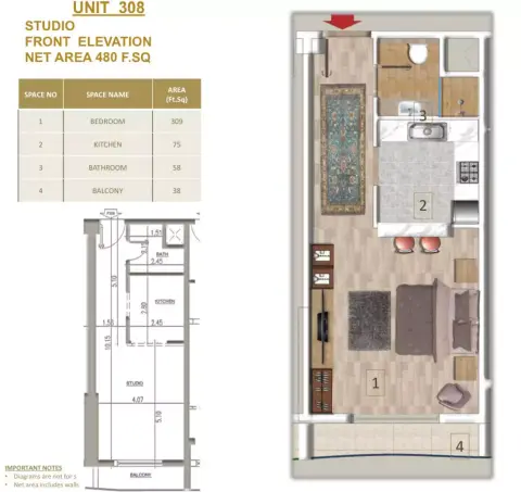 ذا مايدن ريزيدنس: مخطط الطابق Type 308, 480 sq ft