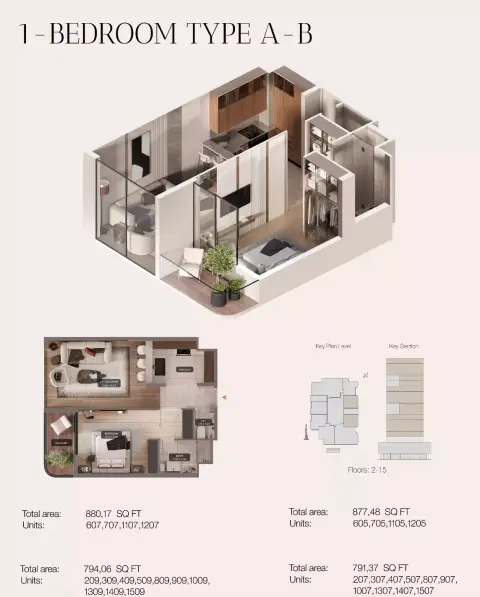 Urban Life residences: Plattegrond Type A-B, 880 sq ft