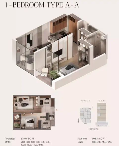 Urban Life residences: Plattegrond Type A-A, 875 sq ft