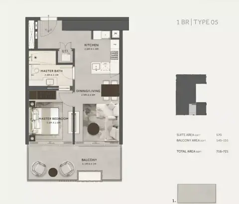 Marriott Residences: Plattegrond Type 5, 721 sq ft