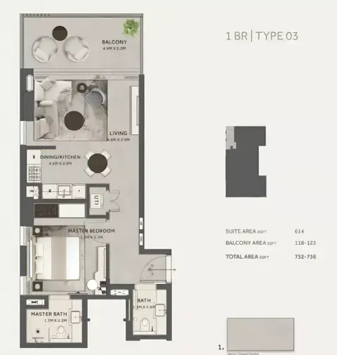 Marriott Residences: Plattegrond Type 3, 736 sq ft