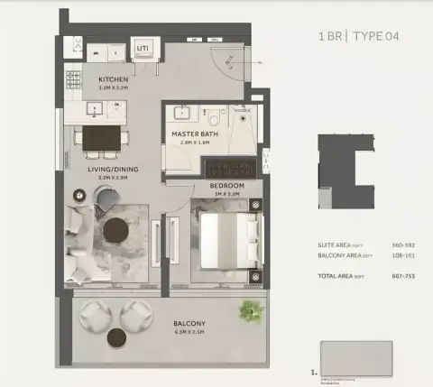 Marriott Residences: Plattegrond Type 4, 753 sq ft