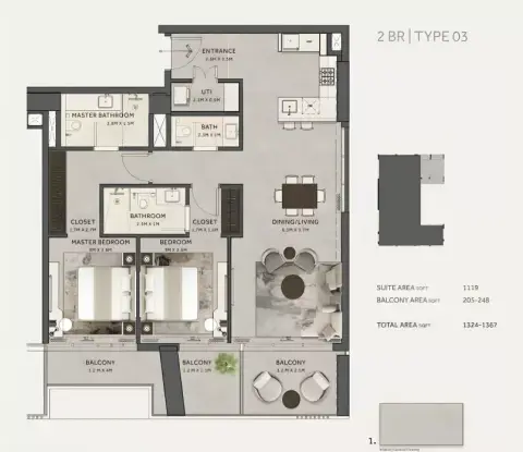 Marriott Residences: Plattegrond Type 3, 1,367 sq ft