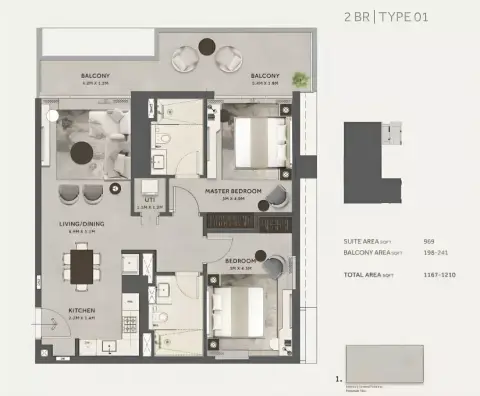 Marriott Residences: Plattegrond Type 1, 1,210 sq ft
