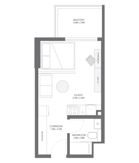 Equiti Gate: Floor plan Type E, 363 sq ft