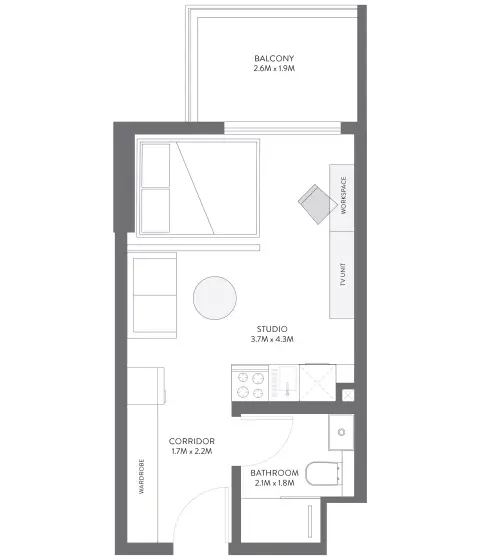Equiti Gate: Floor plan Type D, 372 sq ft