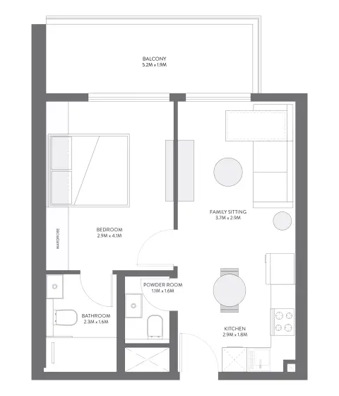 Equiti Gate: Floor plan Type E, 621 sq ft
