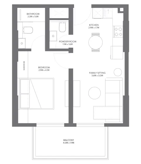 Equiti Gate: Floor plan Type B, 599 sq ft